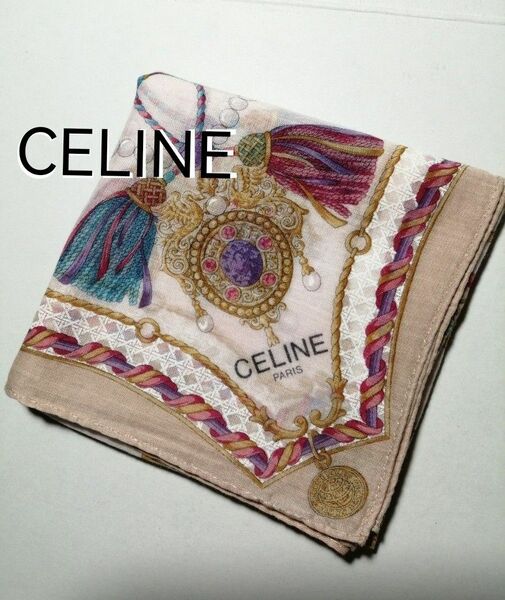 CELINE　 セリーヌ【USED】ハンカチ　スカーフ　　[トリオンフ柄とジュエリーのチェーンモチーフ]