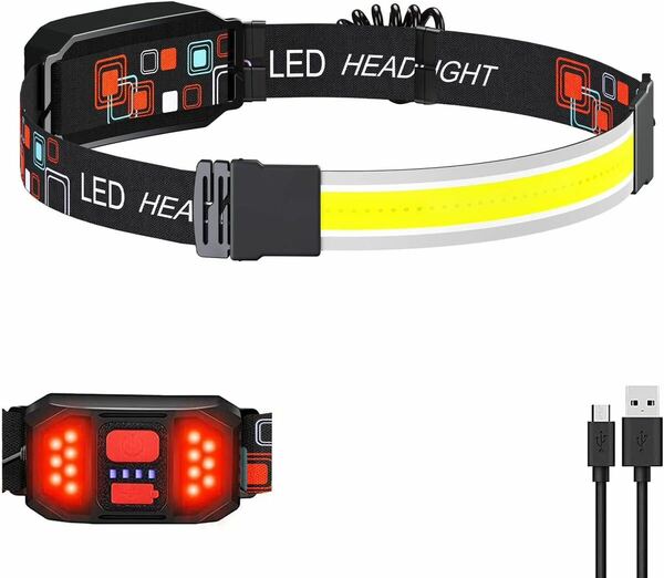 【超広角照明】ledヘッドライト usb充電式 COBランプビーズ 明るい ヘッドらいと 3種類点灯モード 3種警告灯モード 電池残量指示ランプ