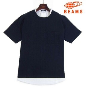 E金05165新品▼ ビームス BEAMS フェイクレイヤード 半袖カットソー 【 M 】 半袖Tシャツ 重ね着 Tシャツ ロンT ネイビー系