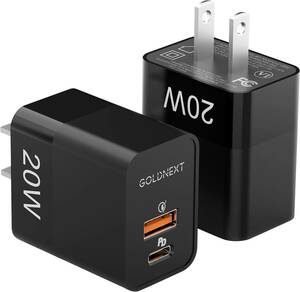  black GOLDNEXT 20W PD fast charger 2 piece set USB-A&USB-C charger Type-C 2 port high speed charge 