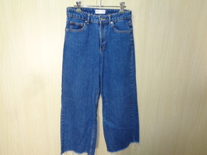 b758◆ZARA デニム ガウチョパンツ◆ザラ EUR34 USA02 MEX24 女性 インディゴ 綿100％ ワイド クロップド 七分丈 裾フリンジ カットオフ 6E