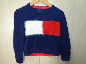 b254◆TOMMY HILFIGER キッズ セーター◆トミーヒルフィガー サイズS(6-7) 子供服 ジュニア ネイビー 胸元ファー 丸首 ニット 6E 