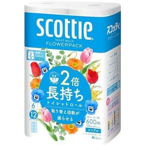 2倍巻き6ロール(×8) 【ケース販売】 スコッティ フラワーパック 2倍巻き(6ロールで12ロール分) トイレット 100mシングル ホワイト ×8パッ