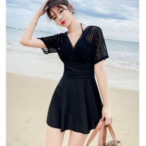 新品　韓国　可愛い Vライン 黒 M 体型カバー 水着 レディース ワンピース