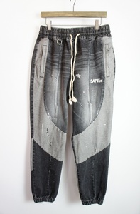 美品 SAPEurサプール VINTAGE DENIM TRACK PANTS ヴィンテージ加工 デニム トラック パンツ A0022-245 ブラック黒425Ｏ