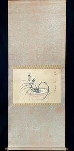 【真作】中島菜刀「蘭の鉢」掛軸 書 紙本 花図 植木鉢 日本画 日本美術 画家 島根の人 C042602N