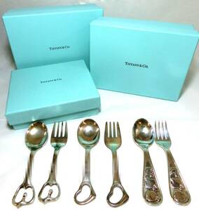 1000円スタート 食器 計6点 TIFFANY&Co. ティファニー ベビーセット フォーク スプーン アップル オープンハート 等 箱付 5 EE①436