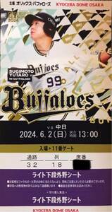 オリックス vs 中日　6/2 （日) 1枚　　　　ライト下段外野シート　6月2日