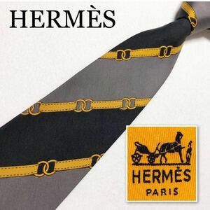 HERMES エルメス　ネクタイ　レジメンタルストライプ　ベルト　Hタグ　フランス製　ブラック×グレー×ゴールド　ビジネス