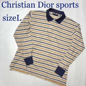 Christian Dior クリスチャンディオール　長袖　ポロシャツ　ボーダー　sizeL カネボウ製　生成り×ネイビー×オレンジ　コットン100%