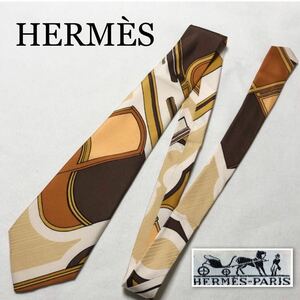 ■美品■希少■HERMES エルメス　ネクタイ　スカーフ柄　総柄　シルク100% フランス製　ブラウン系