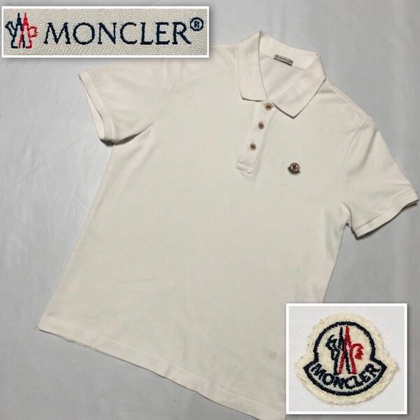 ■美品■MONCLER モンクレール　ポロシャツ　半袖　ロゴワッペン　メンズ　sizeM ホワイト　首元三色ストライプ　コットン100%