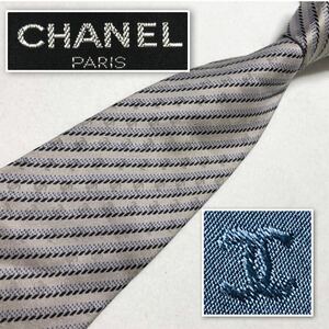 CHANEL シャネル　ネクタイ　ココマーク　レジメンタルストライプ　総柄　シルク100% フランス製　グレー　ビジネス