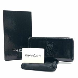 ■外観美品■Yves saint Laurent イヴサンローラン　YSLロゴステッチ　ラウンドファスナー　レザー　ブラック　ゴールド金具　箱、袋