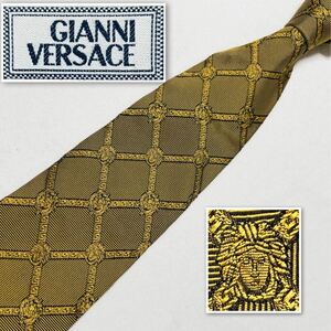 GIANNI VERSACE ジャンニヴェルサーチ　ネクタイ　メデューサ　格子　チェック　ストライプ　シルク100% イタリア製　ゴールド