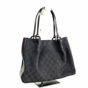 ■良品■GUCCI グッチ　GGキャンバス×レザー トートバッグ　ダークブラウン　シルバー金具　底鋲