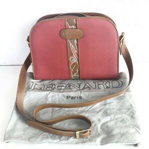 ■極美品■LEONARDO レオナール ショルダーバッグ 花柄 レザー ピンク系×ブラウン ゴールド金具 イタリア製 斜めがけ