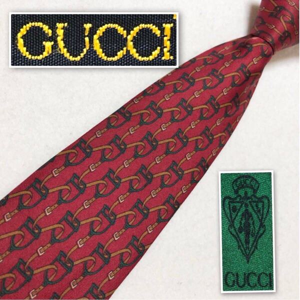 GUCCI グッチ Accessory Collection アクセサリーコレクション ネクタイ あぶみ ベルト 総柄 シルク100% イタリア製 レッド