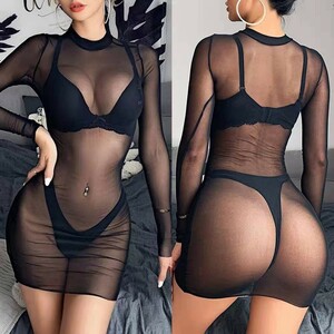 3087 long sleeve see-through high‐necked One-piece XL