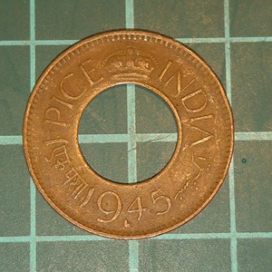 【1円スタート】イギリス領インド　インド帝国　1パイセ銅貨　1945年