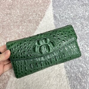 新品 【グリーン】クロコダイル ワニ革 特大コブ 長財布 本物 二つ折り メンズ財布 小銭入れあり 未使用 グリーン