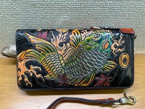 1 jpy new goods colored carp Italian original leather long wallet cow leather type pushed . wallet cow cow leather round fastener for man purse unused 