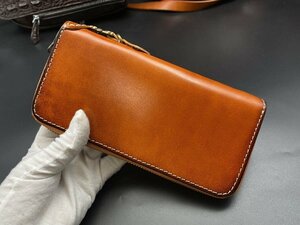 手縫い 本革 ハンドメイド 長財布 牛革レザー ウォレット 牛ヌメ革 YKK ラウンドファスナー 男性用財布 ブラウン 未使用