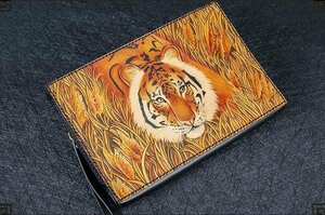 Art hand Auction Tiger, three-dimensional carving created by top leather craftsmen, Tiger, second bag, genuine leather, handmade, hand-dyed, clutch bag, men's, cowhide leather bag, fashion, Men's Bags, Second bag