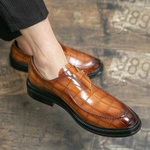 ◆ 高級 クロコダイル型押し 本革 ビジネスシューズ 英国風 紳士用 牛革 靴 通勤 サイズ選択可能 26.0cm ブラウン