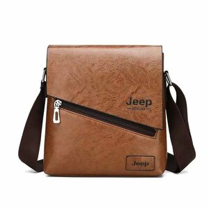 新品 1円 スタート JEEP 上質PUレザー メンズ ショルダーバッグ 斜めがけバッグ ビジネスバッグ 男性用 ブラウン 通勤 通学