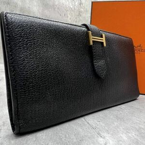 【極美品】エルメス HERMES ベアン 長財布 二つ折り ヴォーエプソン レザー H金具 ゴールド金具 メンズ ビジネス ブラック 黒