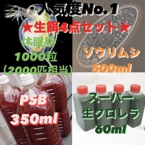 人気度No.1★送料無料★生餌4点セット タマミジンコ休眠卵1000粒 ゾウリムシ500ml PSB350ml 生クロレラ60ml 針子稚魚めだかメダカグッピー