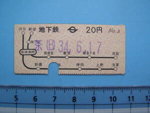 切符 鉄道切符 地下鉄 営団地下鉄 軟券 乗車券 34-6-17 20円 (Z282)