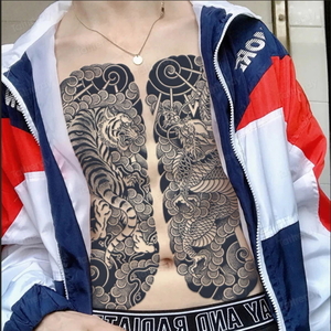 P KS001 虎龍TATOOシール 本格派タトゥーシール 和柄 和彫り入れ墨シール 胸腹用入れ墨 簡単長持ち イベントや動画撮影に リアル刺青シール