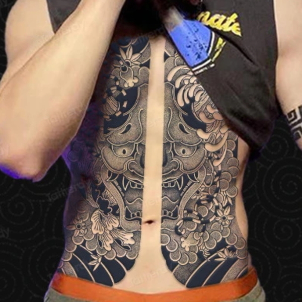 P KS002 般若TATOOシール 本格派タトゥーシール 和柄 和彫り入れ墨シール 胸腹用入れ墨 簡単長持ち イベントや動画撮影に リアル刺青シール