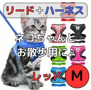 犬猫用ハーネス＋リードセット　首輪　お散歩　メッシュタイプ　ワンタッチ式 猫