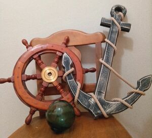 船舶　舵輪ハンドル＆錨アンカー＆浮きガラス玉　壁掛け　木製　インテリア　セット