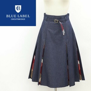 ◆BLUE LABEL CRESTBRIDGE ブルーレーベル クレストブリッジ ストレッチ デニム×チェック柄 ベルテッド プリーツ スカート インディゴ 36