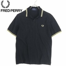 ◆FRED PERRY フレッドペリー ロゴ刺繍 コットン 鹿の子 ポロシャツ 黒 ブラック×ベージュ 38 96cm_画像1