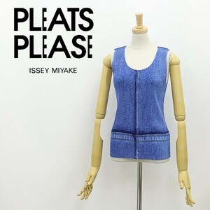 美品◆PLEATS PLEASE プリーツ プリーズ イッセイミヤケ プリーツ加工 デニム柄 ノースリーブ トップス 青 ブルー 3