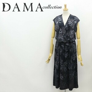 ◆DAMA collection ダーマ コレクション リーフ 総柄 ウエストリボン カシュクール風 ブラウジング ロング ワンピース L