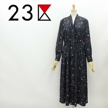 ◆23区×mi-mollet コラボ 2019AW 花柄 ボウタイ ロング ワンピース チャコールネイビー 36_画像1