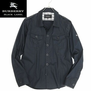 ◆BURBERRY BLACK LABEL バーバリー ブラックレーベル ロゴ刺繍 コットン シャツ ジャケット 黒 ブラック L