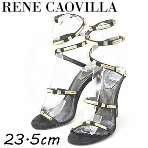 ◆Rene Caovilla レネ カオヴィラ レザー ビジュー＆ゴールド金具 ヒール サンダル 黒 ブラック 37