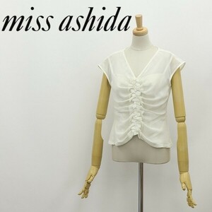 ◆miss ashida ミスアシダ リボンテープ使い ビーズ装飾 フロントギャザー シアー ブラウス トップス オフホワイト 7