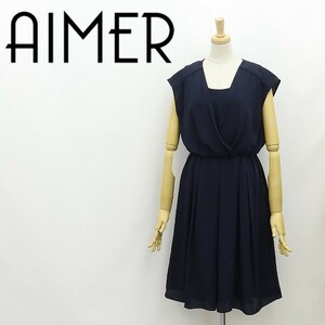 ◆AIMER エメ フレンチスリーブ タック フレア カシュクール風 ブラウジング ワンピース 紺 ネイビー 9