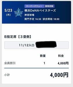 定価半額スタート　神宮球場 5/23 3塁側ブルペン目の前　ヤクルト対横浜　3塁側内野指定席B 8〜10段