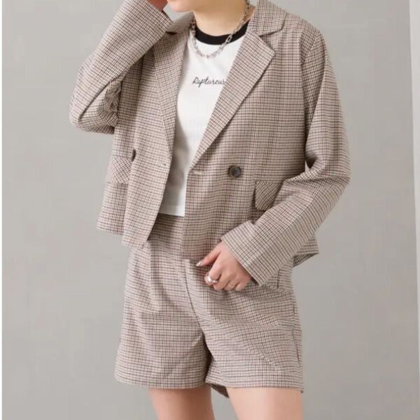 【美品】SpRay スプレイ チェッククロップショートパンツ セットアップ ブラウン フリーサイズ 上下セット