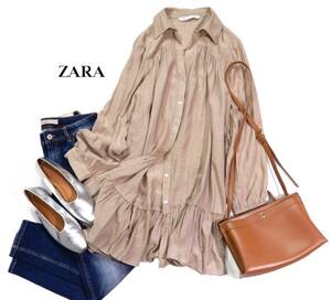 ザラ ZARA 大人可愛い☆ シワ感 裾切り替え デザイン ギャザー シャツ チュニック ワンピース M