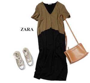 ザラ ZARA TRF カジュアル可愛い☆Vネック バイカラー カットソー ワンピース M